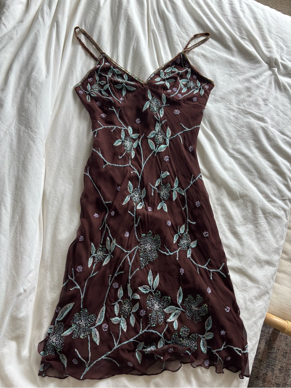 Embroidered Brown Midi Slip Dress with Mint Floral Accents